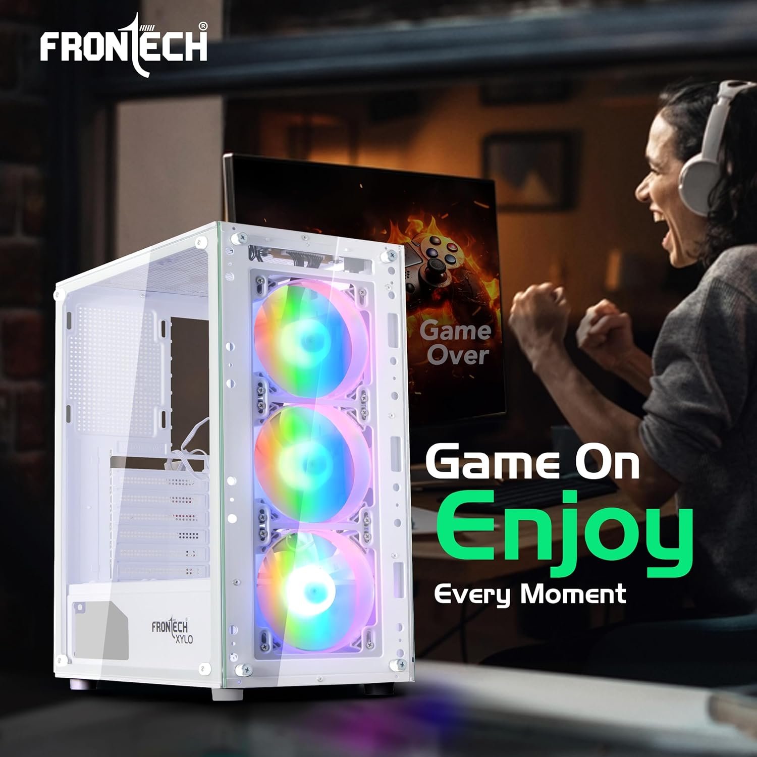 FRONTECH Xylo Gaming Cabinet/Computer Case with HD Audio | ATX Compatible with Tampered Glass Side Panel and Bottom SMPS Dock | 3x120 mm RGB Fan with Dust Filter, USB 3.0, 2xUSB 1.1 (FT4285W, White) - Image 5
